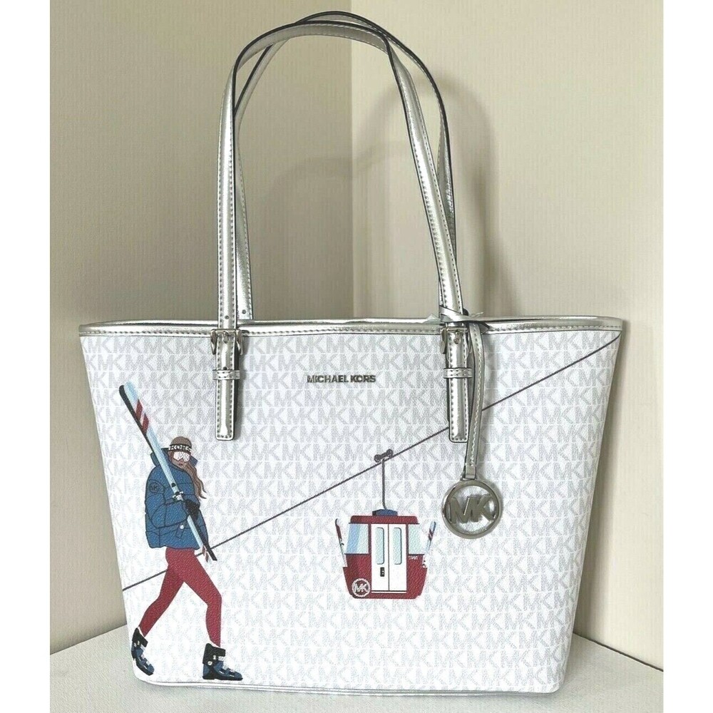 New Michael Kors Jet Set Girls Medium Carryall Tote Bright White Multi